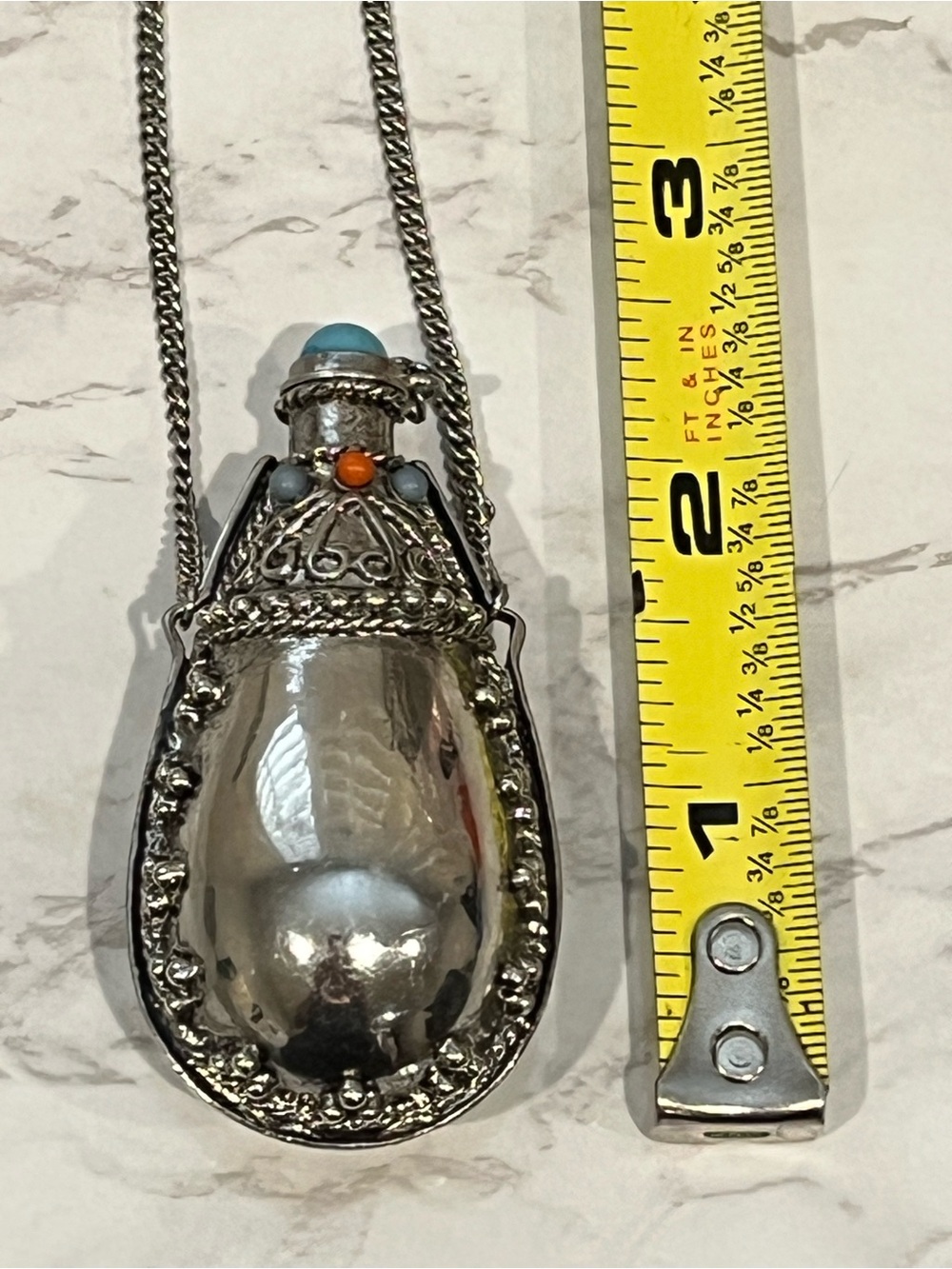 Vintage Tibetan Silver Perfume Snuff Bottle Pendant Necklace Boho Filigree